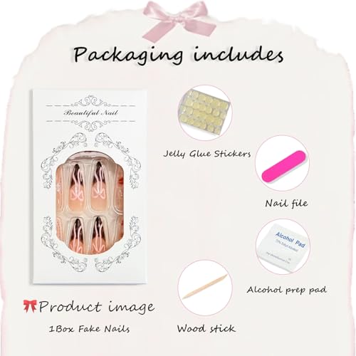 Valentine Press on Nails Long Almond Heart False Nails 24 Pcs