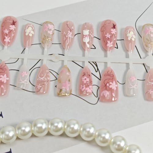 Pink Almond Press on Nails with Cherry Blossom and Bow Design