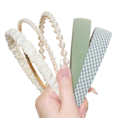 5-Piece Vintage Green Headbands Set Non-Slip Pearl & Floral Hair Bands