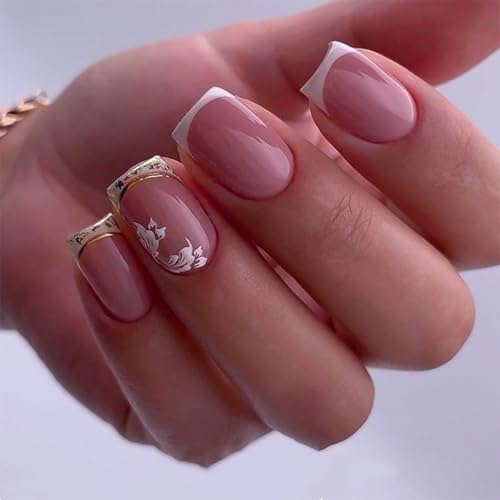 Short French Tip Press on Nails Nude Glitter Square Fake Nails Kit