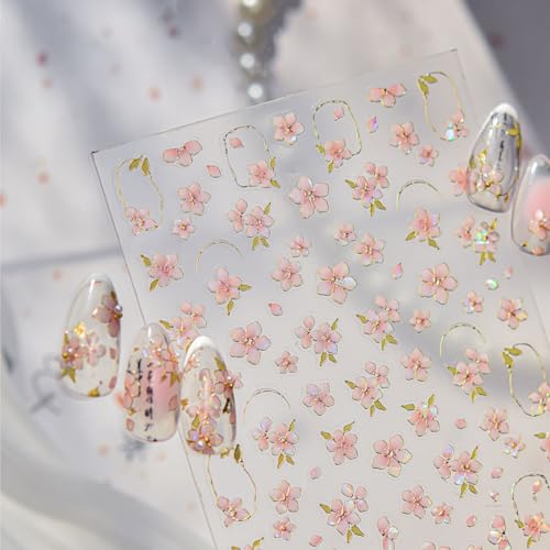 BUNLVDI 5D Embossed Pink Flower Nail Stickers Self-Adhesive Floral Decals