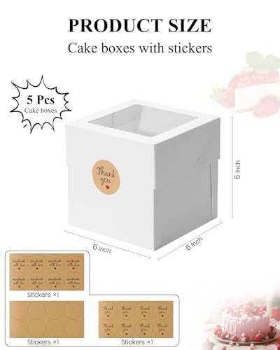 COTOPHER 6x6x6 Inch White Cake Boxes with Window - 5 Pack