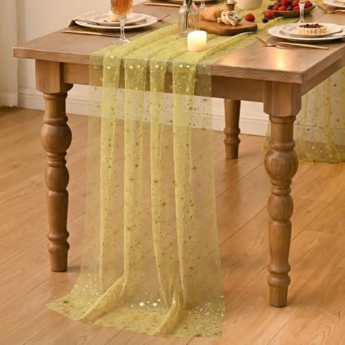 Yellow Gold 28 x 120 Inch Reversible Glitter Sheer Table Runner for Wedding Holiday Party