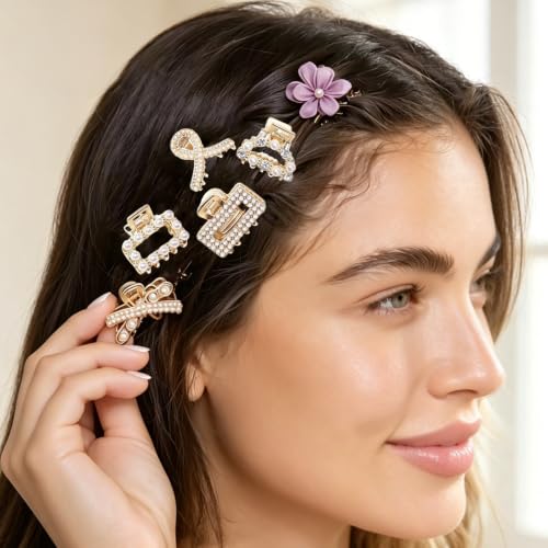 FADUIIO 7Pcs Mini Metal Hair Claw Clips with Pearls & Rhinestones