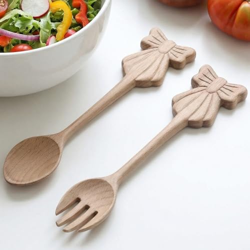Linden Wood Salad Tongs Set - 9.8 Inch Spoon & Fork Utensils