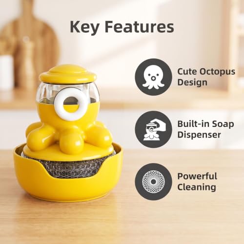 VIVIKIT Octopus Soap Dispensing Dish Brush - Grassy Green Scrub Tool