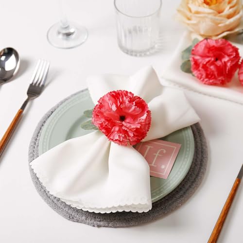 Wonlex Pink Flower Napkin Rings Set of 6, Faux Carnation Serviette Holders