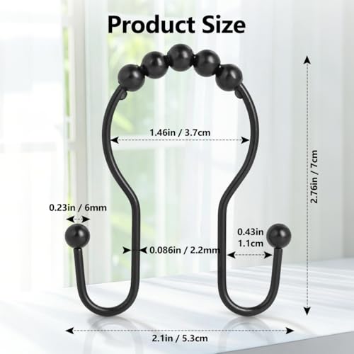 Resze 12PCS Black Shower Curtain Hooks - Rust Proof & Smooth Glide