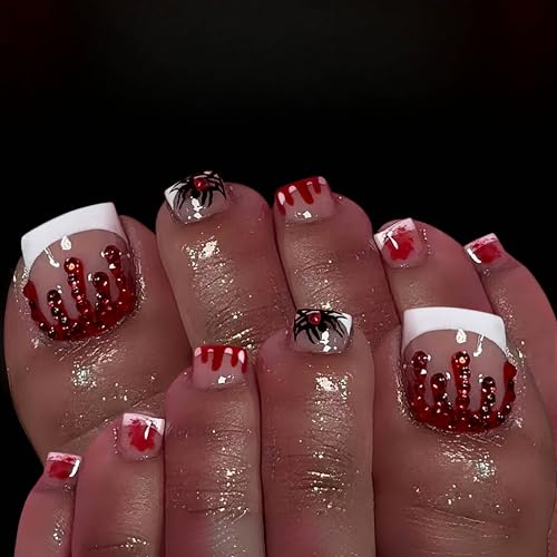 Halloween Press on Toe Nails Short Square False Toenails Red Spider Design