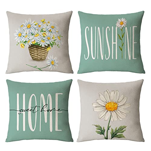 Daisy Throw Pillow Covers Set of 4 | 16x16 Cotton Linen Cushions for Summer Decor