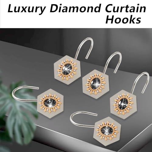 Luxury Diamond Shower Curtain Hooks - 12PCS Metal Rings (Black Silvery)