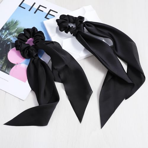 Mabor Satin Hair Scarf Scrunchies with Bow Tail - 2 Pcs Black Ribbon Ponytail Holder