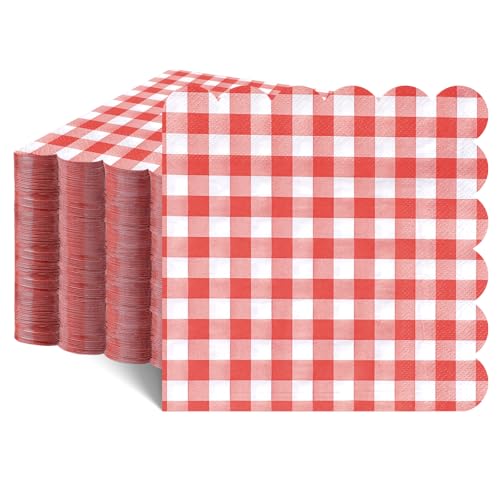 80 Pcs Red Gingham Scalloped Paper Napkins, 6.5 Inch Checkered Tableware