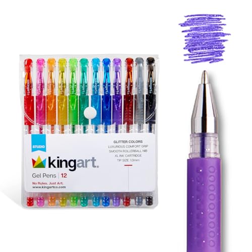 KINGART Comfort Grip Gel Pens Set - 12 Glitter Colors, 1.0mm Tip