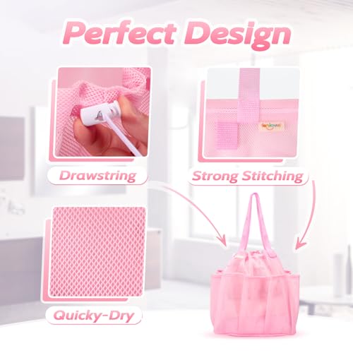 Famichan Mesh Shower Caddy with Drawstring - Portable Bath Organizer for College, Camping & Travel - Pink