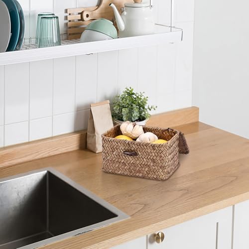 Hipiwe Handwoven Seagrass Basket with Lid - Mini Storage Organizer