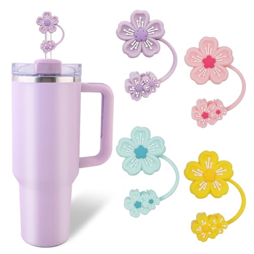 4 Pcs Cherry Blossom Straw Topper for Stanley Cup Accessories,Silicone straw topper for Stanley 30&40 Oz Tumbler,Reusable Flower straw cover fits perfectly with all types of 10mm/0.4in