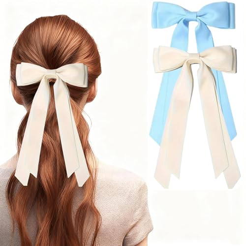 Satin Hair Bows for Women & Girls - Blue & Beige Hair Ribbon Clips (2PCS)