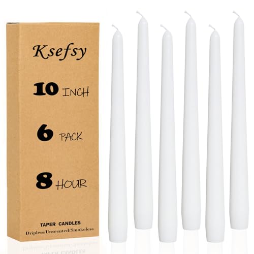 10 Inch White Taper Candles Set of 6 - Dripless, Unscented, 8-Hour Burn Time for Weddings & Home Decor