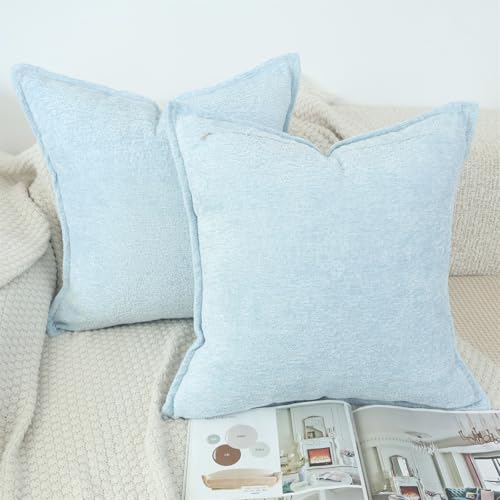 Chenille Throw Pillow Covers Set of 2 - Light Blue 20x20 Modern Accent Pillows
