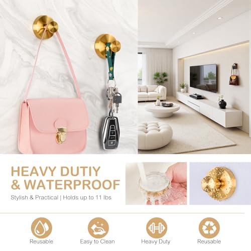 Gold Suction Cup Hooks - Heavy Duty Bathroom Shower Hooks for Towels & Robes