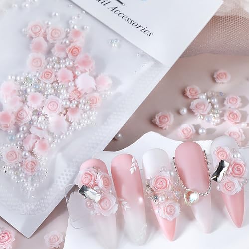 3D Acrylic Rose Nail Charms with Pearls and Beads - 30 Pcs
