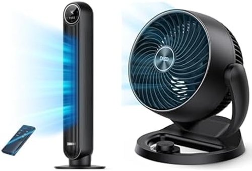 DREO Tower Fan Bundle - 25ft/s Velocity Quiet Oscillating Floor Fan & 12" Table Air Circulator | 4 Speeds, 4 Modes