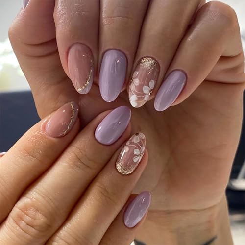 MISUD Medium Almond Press on Nails – Purple Spring Floral Acrylic Fake Nails