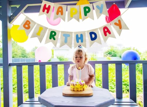 Pre-Strung Burlap Happy Birthday Banner - Colorful Party Decor