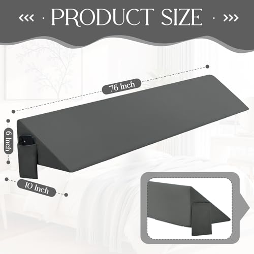 Dark Grey King Size Wedge Pillow Cover with Side Pocket - 76x10x6 Inch