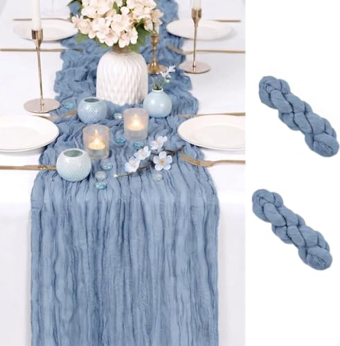 Dusty Blue Cheesecloth Table Runner 2 Pack 17x108 Inch - Boho Wedding Decor