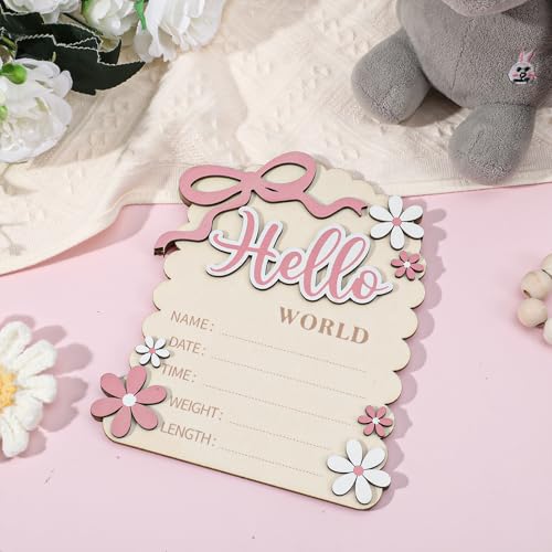 Hello World Newborn Announcement Sign - Double-Sided Baby Welcome Board with Bow & Daisy
