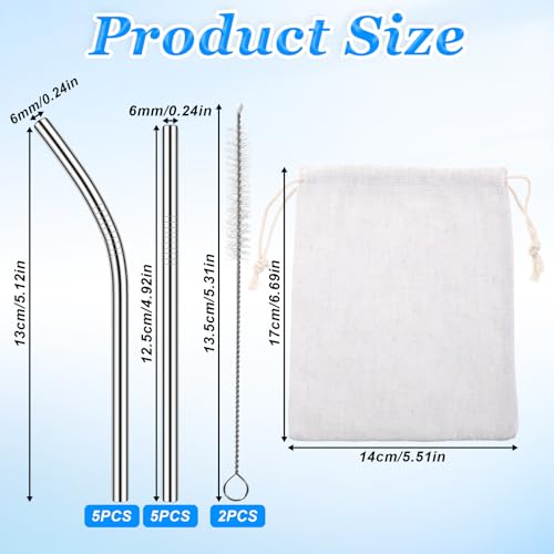 SynHHergyx Silver Reusable Stainless Steel Drinking Straws - 10 Pack, Short & Bent, with Cleaning Brushes