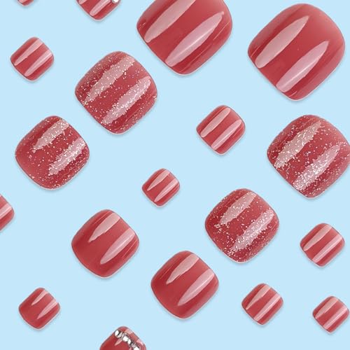 Wine Red Press on Toenails Glossy Square Fake Toe Nails with Rhinestones