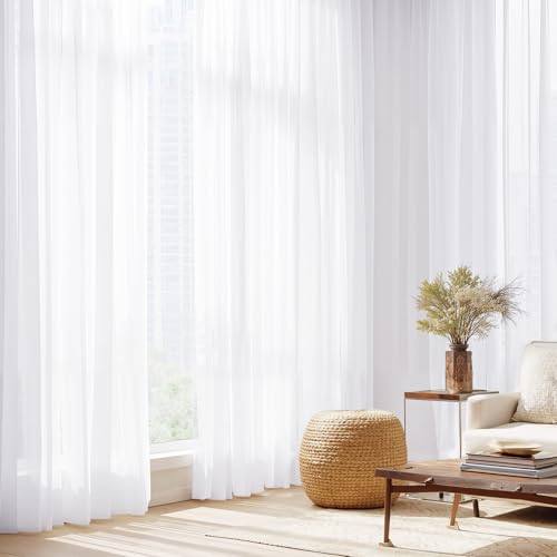 NICETOWN White Sheer Curtains 102 Inch Length, Rod Pocket Panels (2-Pack)