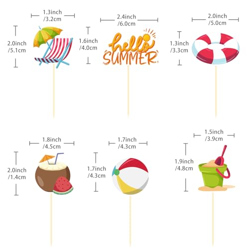 30 Pack Beach Cupcake Toppers - Hawaiian Theme Party Decorations