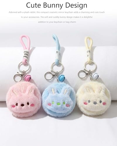 Pink Bunny Plush Makeup Mirror Keychain with Lanyard - Portable Mini