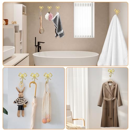 XHIPY Large Gold Bow Wall Hooks - Set of 2 Decorative Metal Coat Hooks