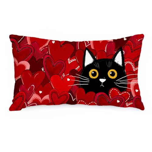 Valentine's Day Cat Pillow Cover - 12x20 Inch Red Heart Decor