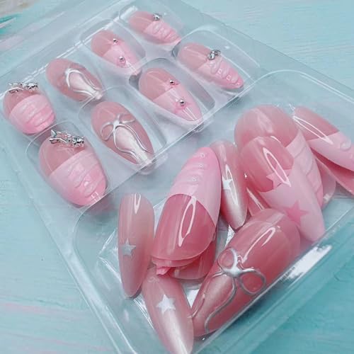 French Tip Press on Nails Medium Almond 3D Star Rhinestones Bow Design