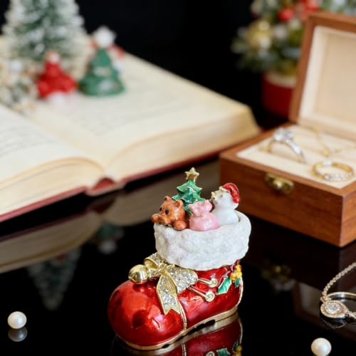 Hand Painted Enamel Santa Boots Trinket Box - Christmas Jewelry Storage - Red Variation