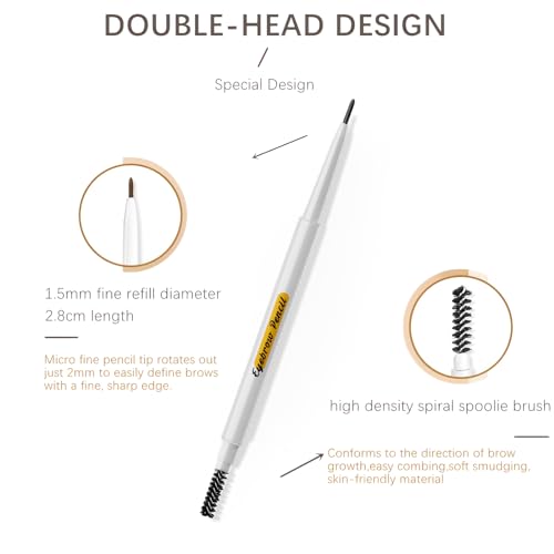 Kemelo Jane Micro Eyebrow Pencil - 1.5mm Waterproof Dual-Ended Pen with Spoolie Brush, Grey