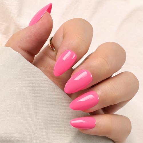 Artquee Hot Pink Short Almond Press on Nails Kit - 32 Pcs Glossy Reusable False Nails