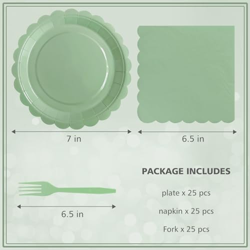 7-Inch Sage Green Scalloped Paper Plates and Napkin Set for 25 Guests