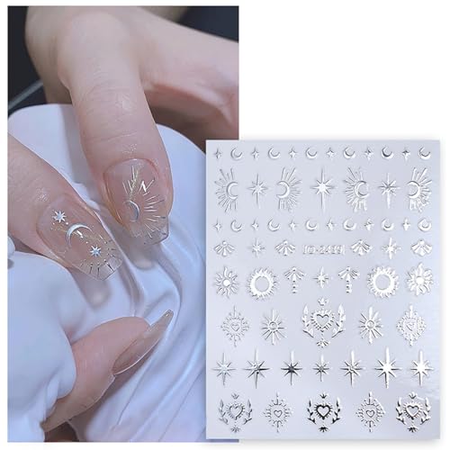 Star Moon Sun 3D Nail Art Stickers Decals Gold Silver 6 Sheets