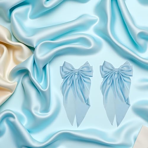 Light Blue Jumbo Silky Satin Hair Bow Barrettes with Long Tails (2-Pack)