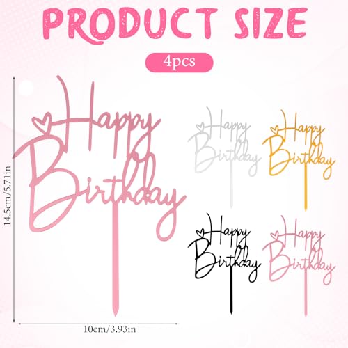 4pcs Pink Birthday Cake Toppers - Acrylic Decorations for Parties