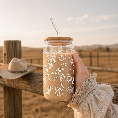 Cowgirl Glass Cup with Bamboo Lid and Straw - 16oz Western Iced Coffee Tumbler