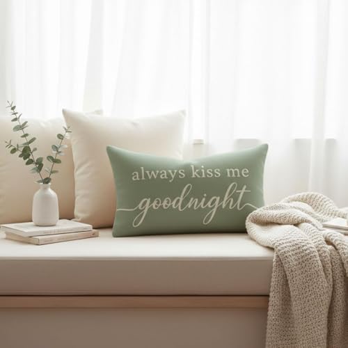 Always Kiss Me Goodnight Lumbar Pillow Cover, 12x20 Sage Green Throw Case