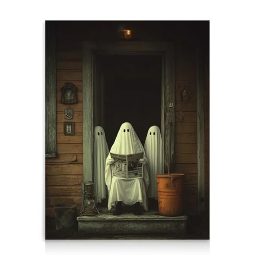 Rustic Halloween Ghost Wall Art - Spooky 3 Ghosts Print 12x16